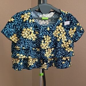 Zara Blue and Yellow Floral On Black Background Crop Top Size Large